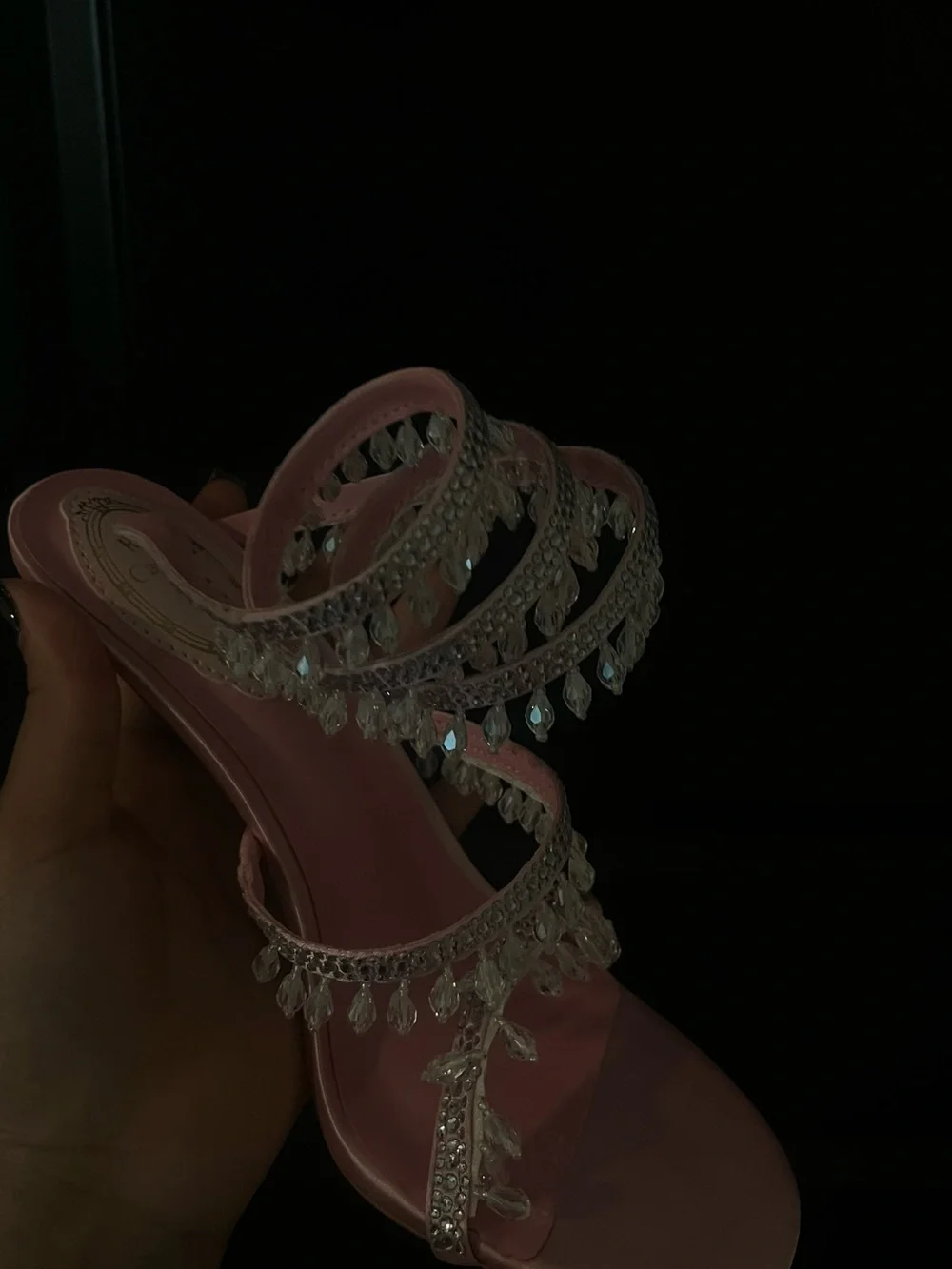 Rene Caovilla Pink Crystal Fringe Slide Sandals